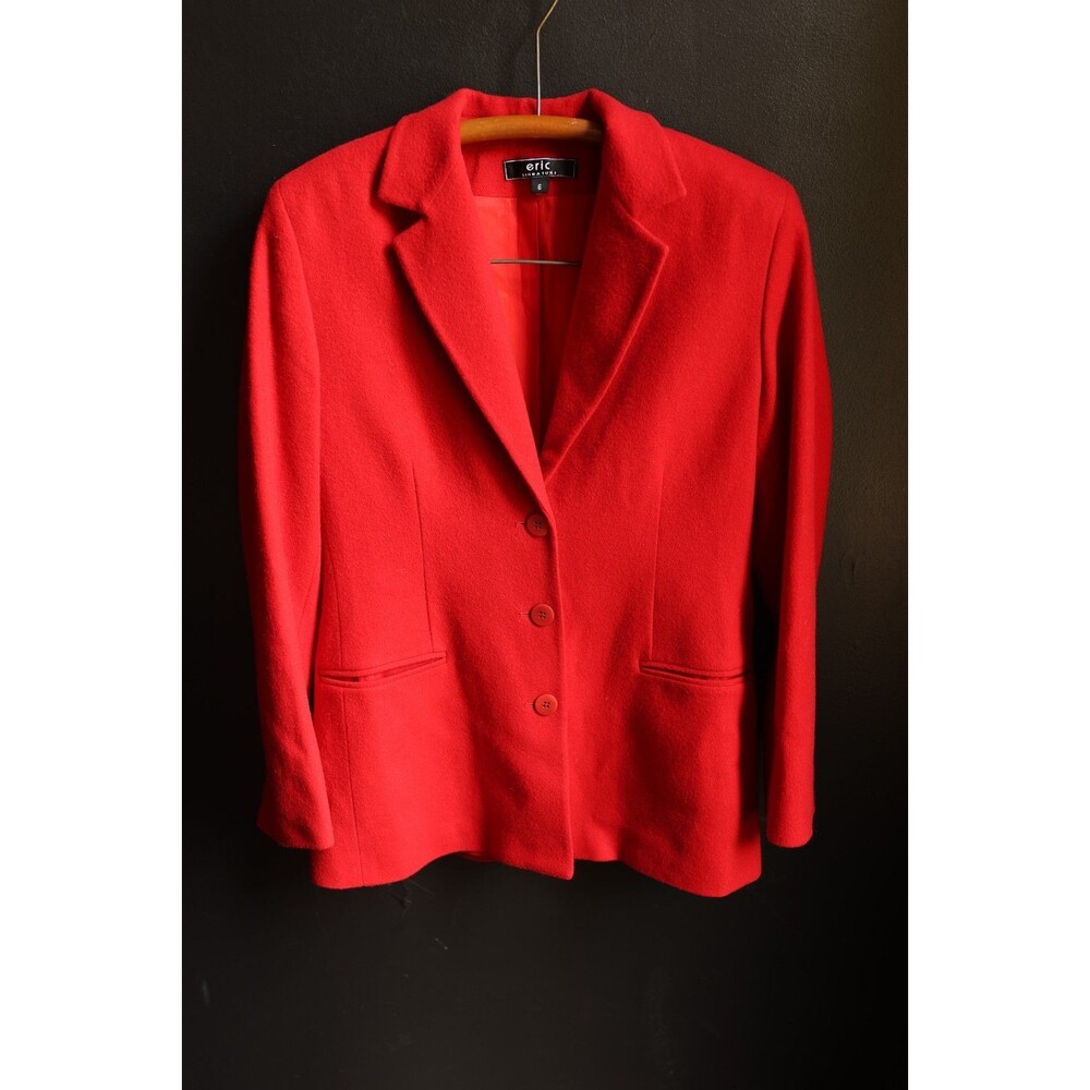 Vintage Eric Signature Red Cashmere Wool 3 Button Blazer Jacket Holiday Classic